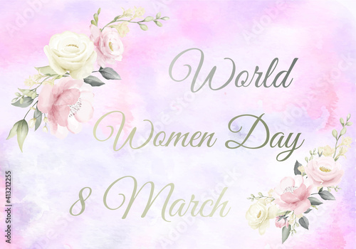 card or banner on world womens day march 8 in gray color on a gradient pink background and white pink and green flower garlands