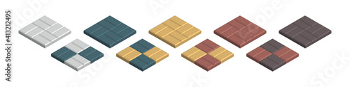 Isometric vector illustration concrete paver blocks isolated on white background. Realistic colorful street paving slabs icon in flat cartoon style. Pavement floor bricks. Street tiles.