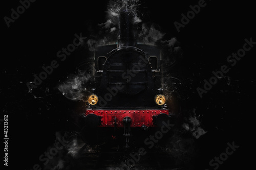 Old steam locomotive on black background Concept of power and transportation