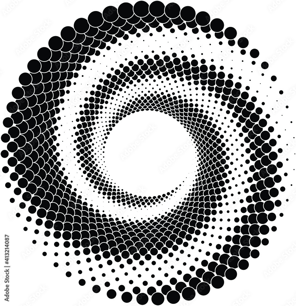 Black halftone dots in vortex form. Geometric art. Trendy design element.Circular and radial lines volute, helix.Segmented circle with rotation.Radiating arc lines.Cochlear