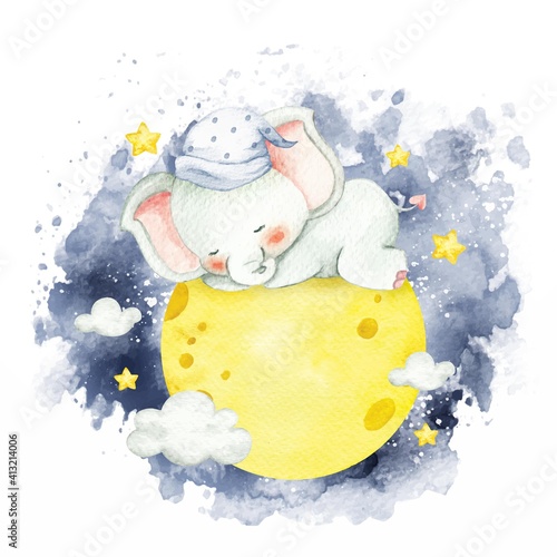 Baby elephant sleeping on the moon