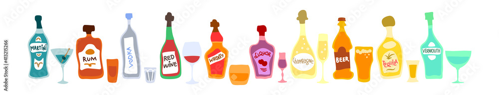 Collection bottle and glass in row. Freehand doodle style on white background. Colored cartoon sketch. Hand drawn image. Beer champagne red wine liquor vodka martini vermouth whiskey rum tequila Collection bottle and glass in row. Freehand doodle style on white background. Colored cartoon sketch. Hand drawn image. Beer champagne red wine liquor vodka martini vermouth whiskey rum tequila