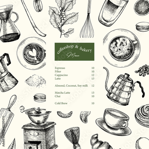Coffeeshop and bakery set. Hand drawn coffee, matcha, croissant, macaron, kettle, mug, chasen, beans, food, barista equipment. Vector engraved composition. Restaurant branding template, menu design.