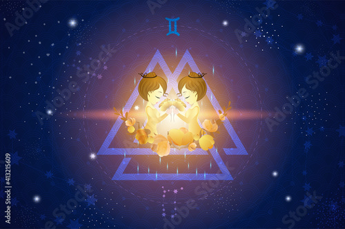 Gemini horoscope sign in twelve zodiacs with astrology. Vector illustration