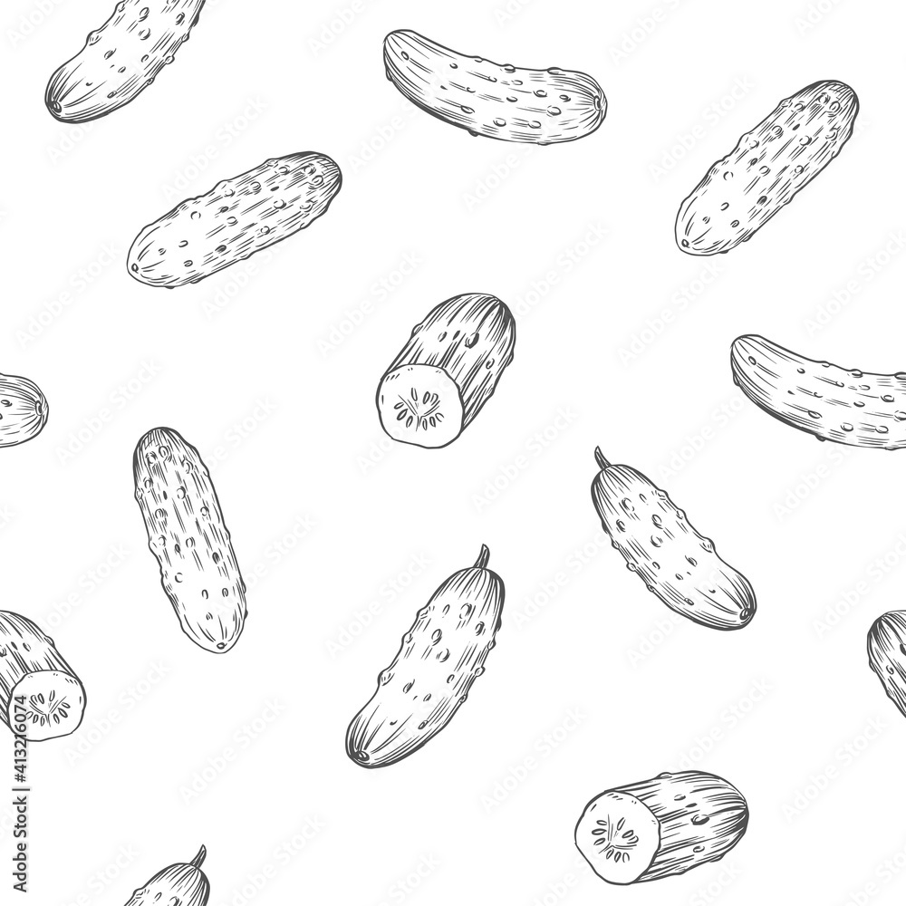 Cucumber outline. Seamless pattern. Hand drawn vector sketch. Black on transparent background Cucumber outline. Seamless pattern. Hand drawn vector sketch. Black on transparent background