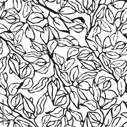 Vector seamless background with black and white illustration of foliage and plants. Can be used for wallpaper, pattern fills, web page, surface textures, textile print, wrapping paper