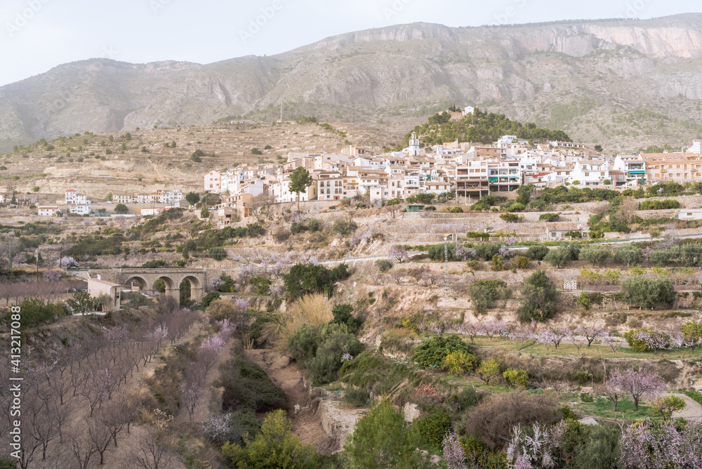Olive, orange and almond trees in bloom in a small mountain village.
