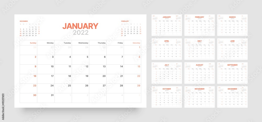 Monthly calendar template for 2022 year. Week Starts on Sunday. Wall calendar in a minimalist style. Monthly calendar template for 2022 year. Week Starts on Sunday. Wall calendar in a minimalist style.