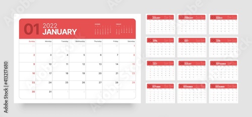 Wall or desk calendar template for 2022 with week start on Sunday.