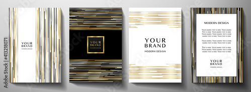 Modern black cover design set. Luxury creative line pattern in premium colors: black, gold, silver and white. Formal vector layout background for notebook cover, business poster, brochure template