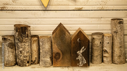 trunks of the birch tree, pieces of wood on the background. Warm and vintage concept