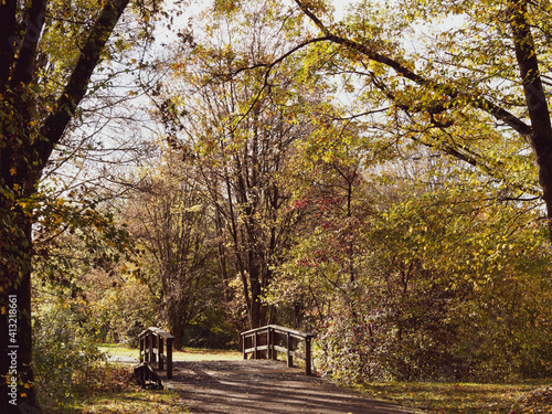 Grüttpark Lörrach im Herbst. Promenadenweg und kleine Brücke über den Grüttbach nach Grüttsee (Baden-Württembergische landesgarten) photo