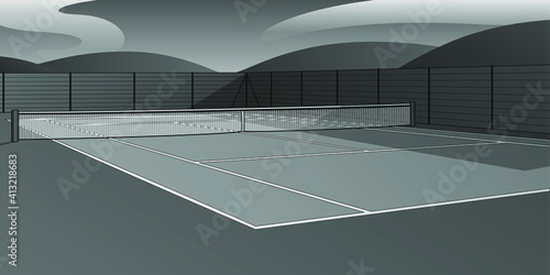 Illustration of tennis court. Grayscale image of playing ground for sports outdoors. Background image of modern badminton field with net in the middle. 
