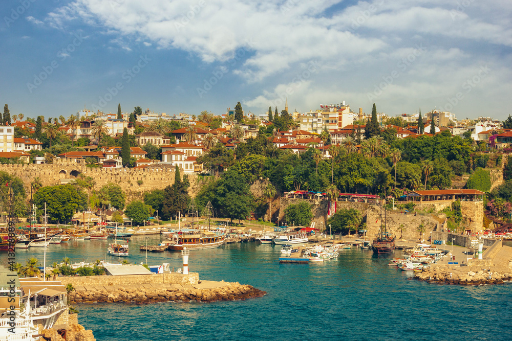 Panoramic view of Antalya Old Town port and Mediterranean Sea, Turkey