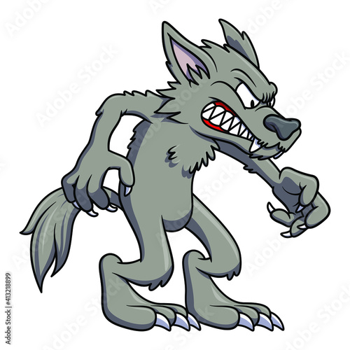 Angry wolve cartoon illustration with a stick club. Isolated image on white background. Fantasy werewolf mascot character. 