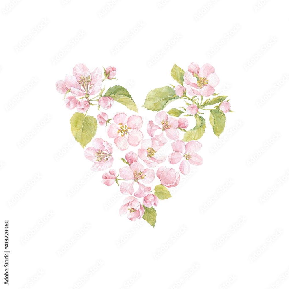 Blooming apple tree branches on white. Heart shaped composition. Watercolor. Perfect for greeting cards and invitations or an element for your design.