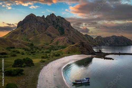 beautiful landscape of Padar Island and Gili Lawa Island in the sunset time. Both of the islands located in komodo islands in labuan Bajo Indonesia. This is also the UNESCO international heritage. 