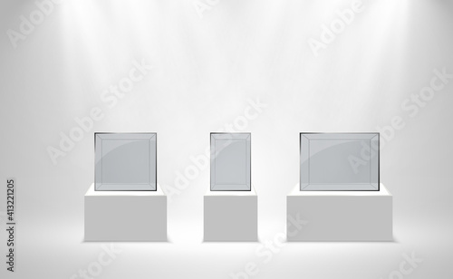Realistic glass box or container on a white stand .Vector illustration.