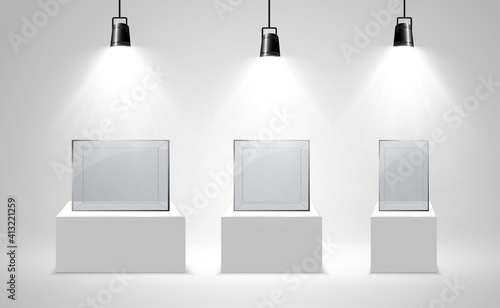 Realistic glass box or container on a white stand .Vector illustration.