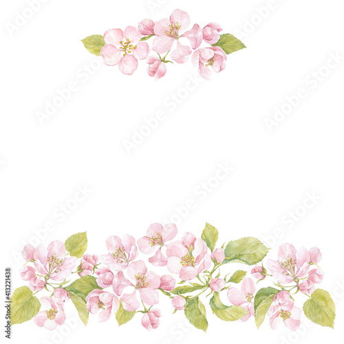 Floral watercolor frame with blooming apple tree branches on white. Invitation, greeting card or an element for your design.