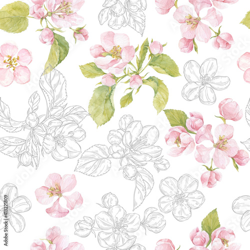 Seamless pattern with blooming apple tree branches on white. Watercolor and Line Art. Floral background. Perfect for design templates, wallpaper, wrapping, fabric and textile.