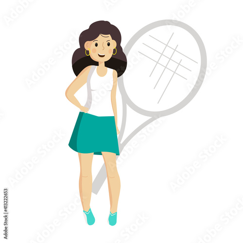 Pretty young tennis player stands with her hips propped up. Female character sportswoman, on the background tennis racket. Cute cartoon vector illustration in flat style.