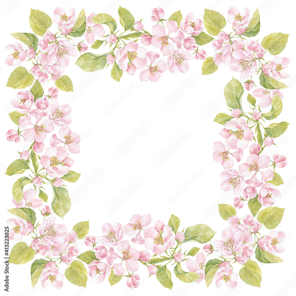 Square watercolor frame with blooming apple tree branches on white. Illustration with place for text, can be used creating card, menu or invitation card.