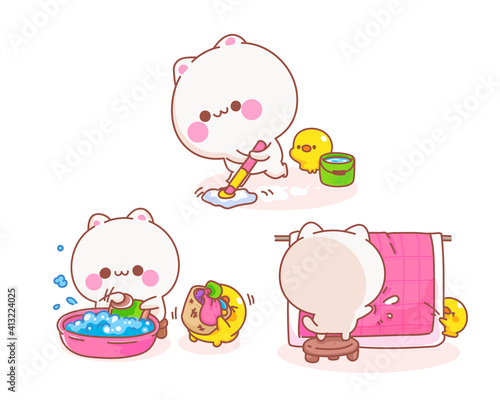 Cat doing housework with duck cartoon illustration