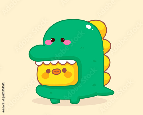 Duck wearing a dinosaur costume cartoon illustration