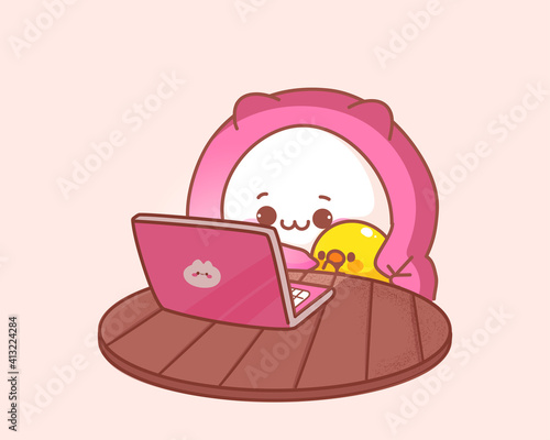 Cat and duck watch movie on the laptop cartoon illustration