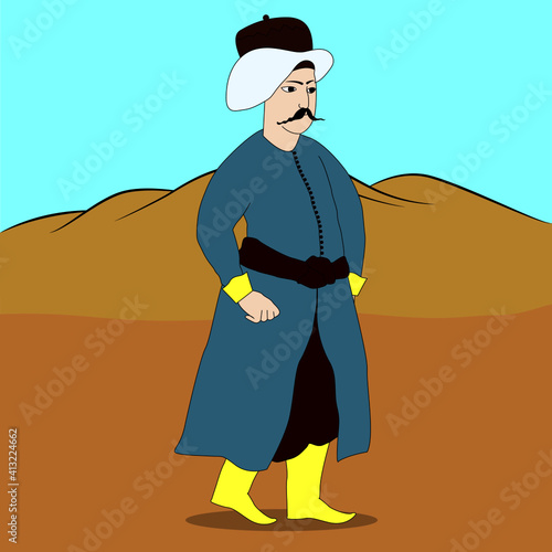 Ottoman / Turkish man with turban Ottoman / Persian miniature art style.  Vectoral.