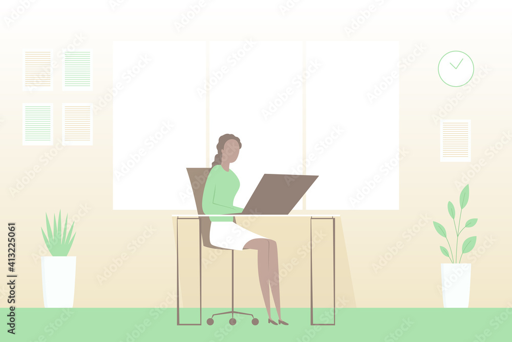 African woman working on laptop in office. Vector illustration. African woman working on laptop in office. Vector illustration.