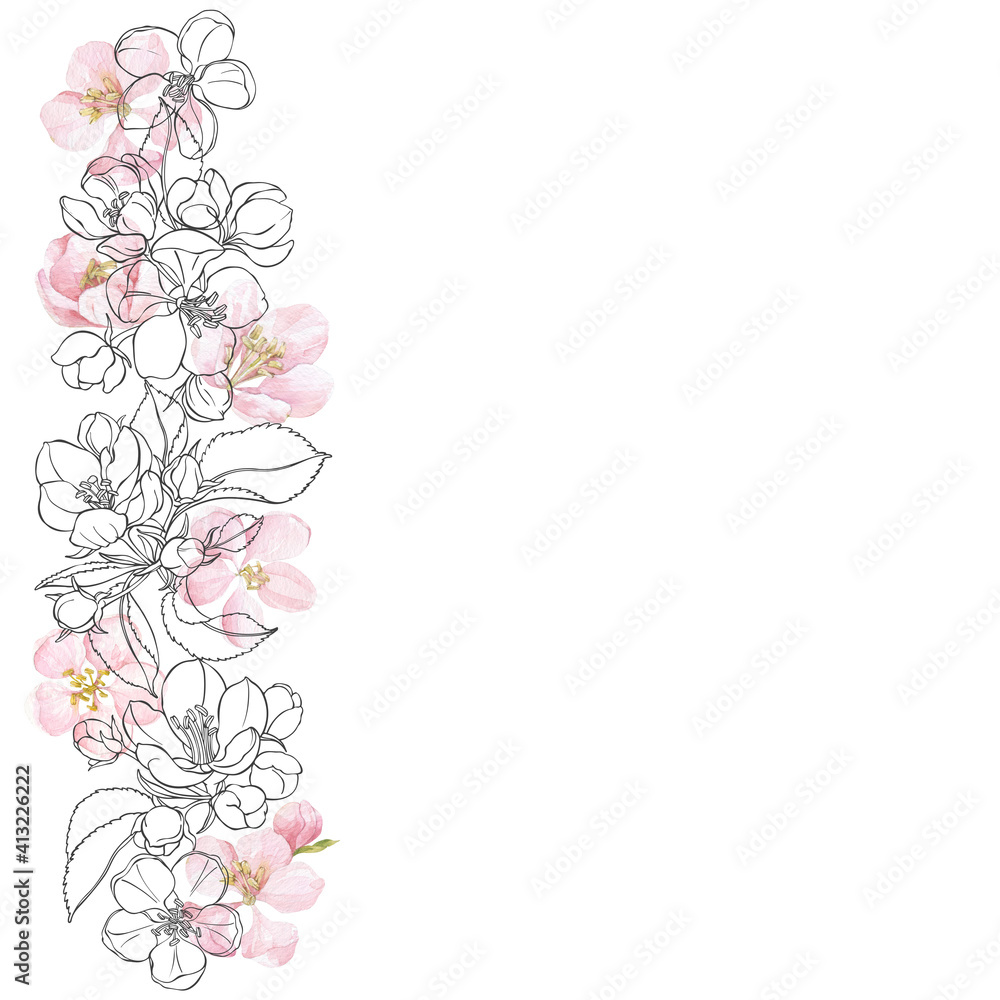 Floral background with blooming apple tree branches and place for text on white. Invitation, greeting card or an element for your design. Vertical composition with watercolor and outline elements.