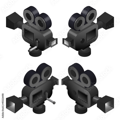 3D black retro movie camera with reels in four projections on a white background. Part two. EPS10