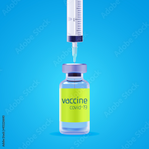 Coronavirus vaccine realistic bottle with syringe for injection on top. Covid-19 vaccination concept. Vector illustration