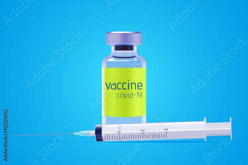 Coronavirus vaccine realistic bottle with syringe for injection. Covid-19 vaccination concept. Vector illustration