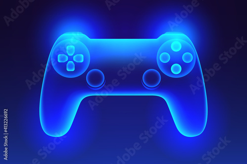Neon glowing gamepad on blue background. Vector illustration