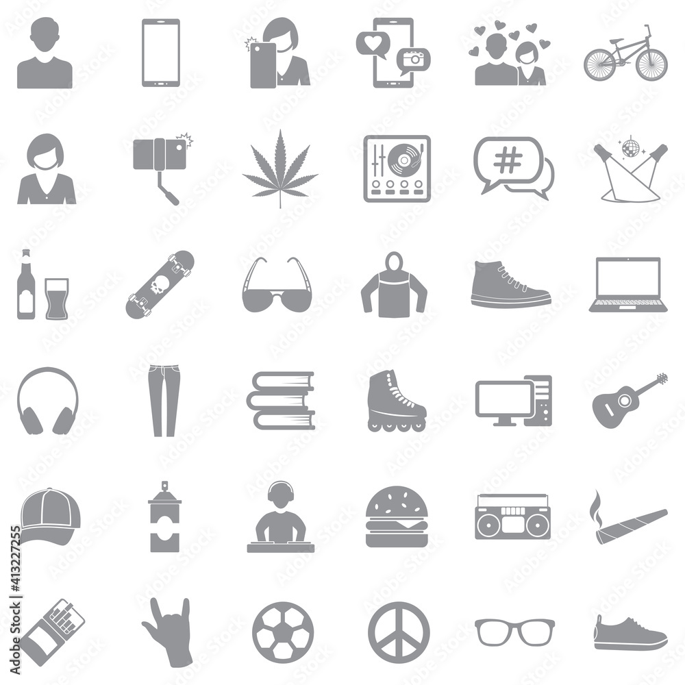 Teen Icons. Gray Flat Design. Vector Illustration. Teen Icons. Gray Flat Design. Vector Illustration.