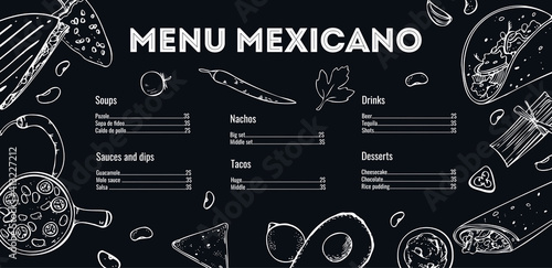 Menu mexicano design template. List of dishes and outline illustrations. Hand drawn vector sketch graphic. Black on white background