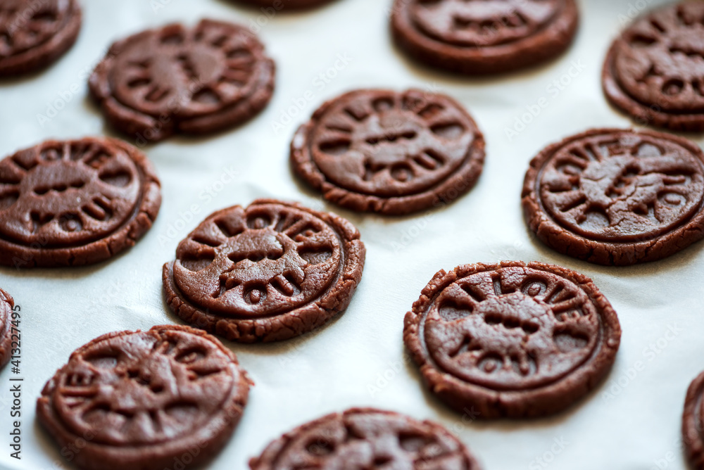 Food pattern. Raw chocolate cookies with sign I love you. Top view. Flat lay. Valentines day celebration concept Food pattern. Raw chocolate cookies with sign I love you. Top view. Flat lay. Valentines day celebration concept
