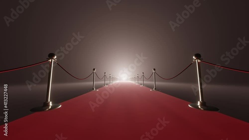 Red carpet and velvet ropes on gala night background. 3D rendering. Background