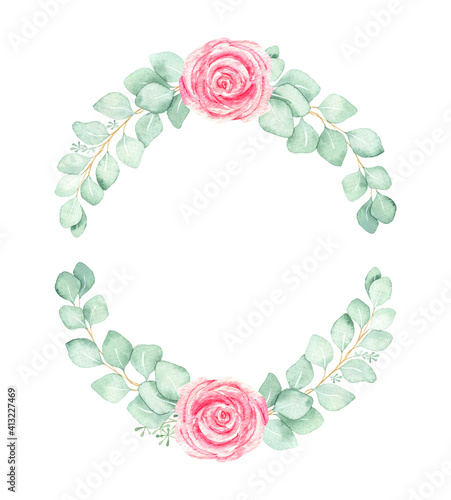 Watercolor wreath with pink roses and eucalyptus branches isolated on a white background.