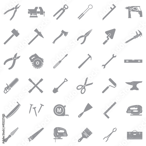 Tools Icons. Gray Flat Design. Vector Illustration.