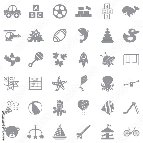 Toys And Fun Icons. Gray Flat Design. Vector Illustration.