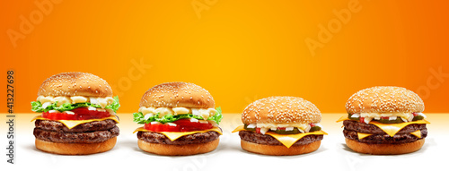 Delicious Double Cheese Beef Burger consists of Bun Bread Patty Pickle Onion Mayonaisse Ketchup Cheddar Cheese and lettuce in a yellow background with interactive 3D text for Modern Fast Food