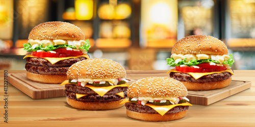 Delicious Double Cheese Beef Burger consists of Bun Bread Patty Pickle Onion Mayonaisse Ketchup Cheddar Cheese and lettuce in a yellow background with interactive 3D text for Modern Fast Food