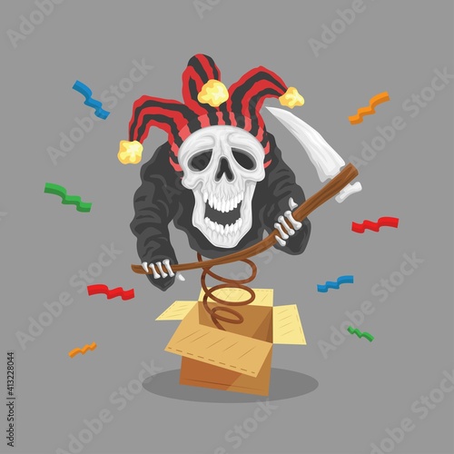 April fools day skull clown grim reaper come out from the box. vector background