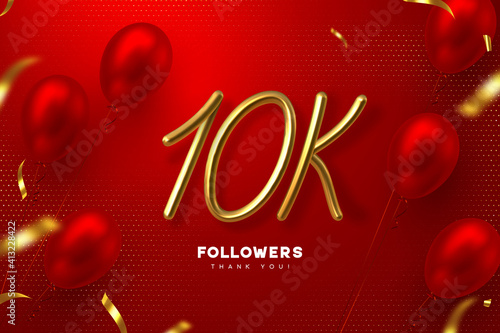 Ten thousand followers banner. Thank you followers vector template with 10K golden handwritten sign and glossy balloons for network, social media friends and subscribers.