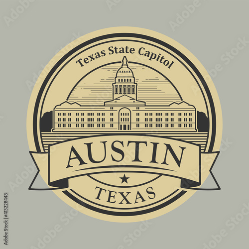 Stamp or label with words Texas State Capitol, Austin, Texas