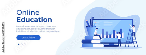 Online education concept. Vector layout for website page. Illustration in flat isometric style with people studying remotely. Front page layout for your design. Flat isometric vector illustration